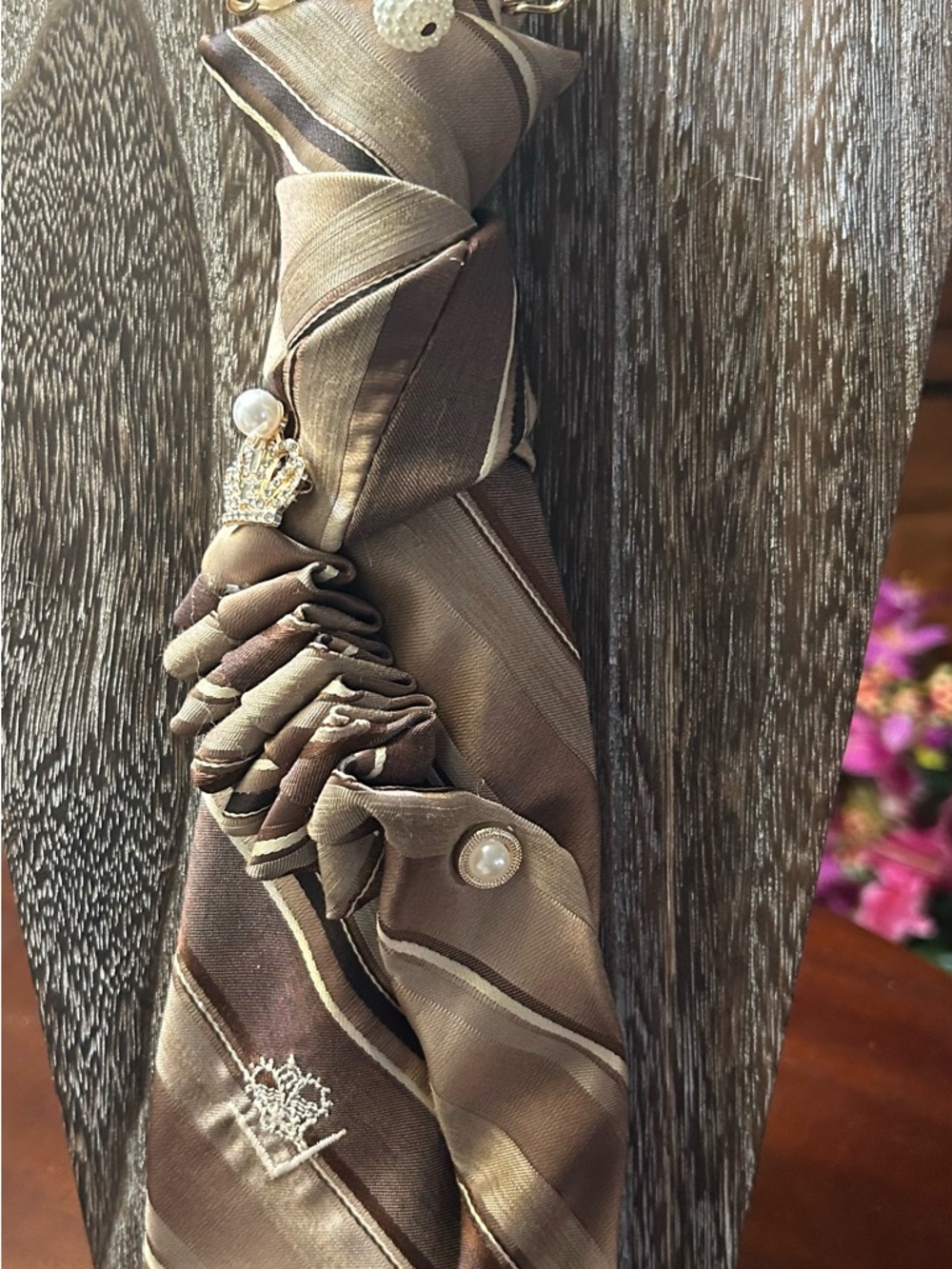 Brown Striped Silk Tie with Pearl & Crown Accents